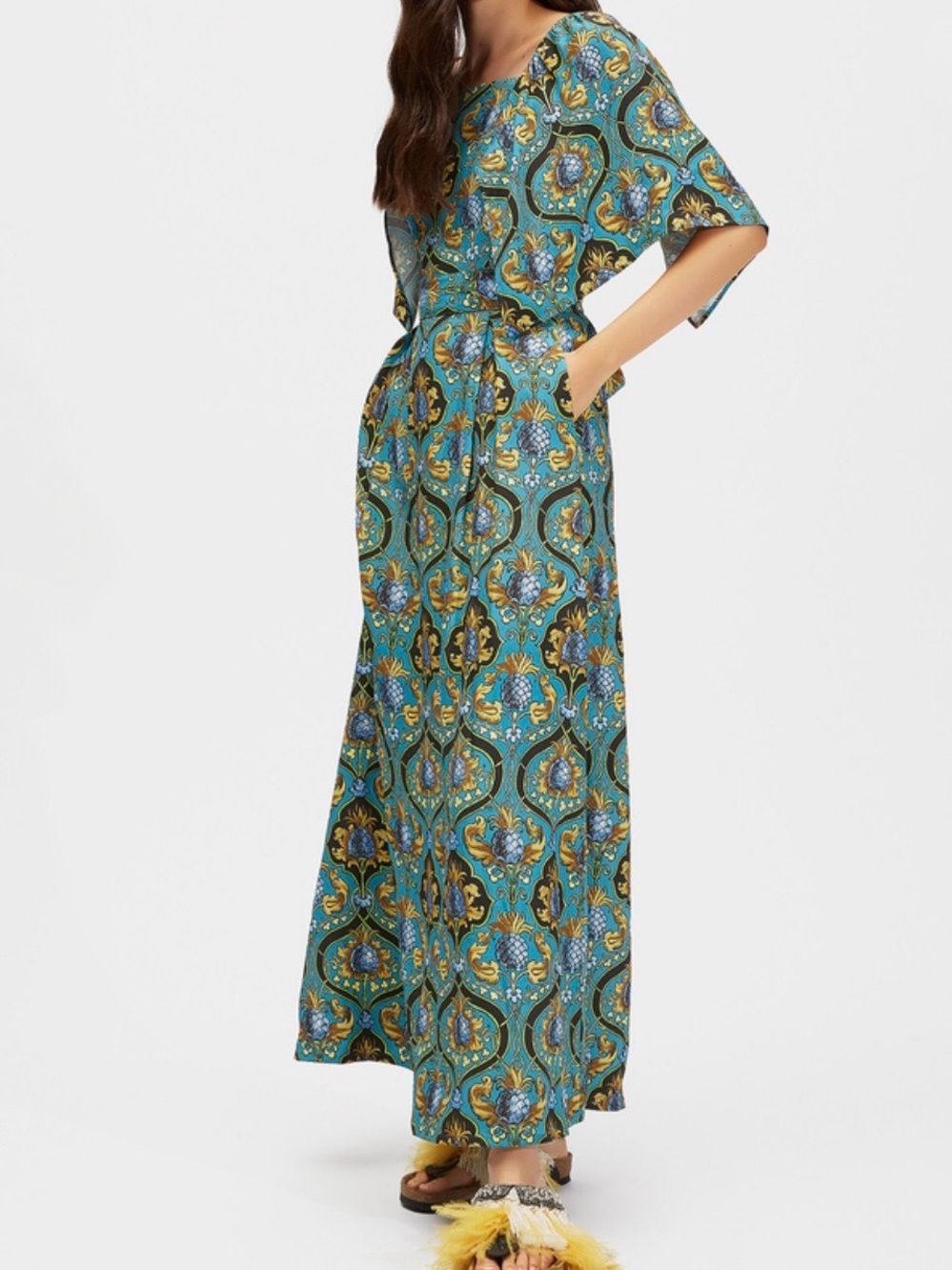 La DoubleJ Batwings Maxi Dress Archive Ananas Print Sablé Satin Italy Size Small